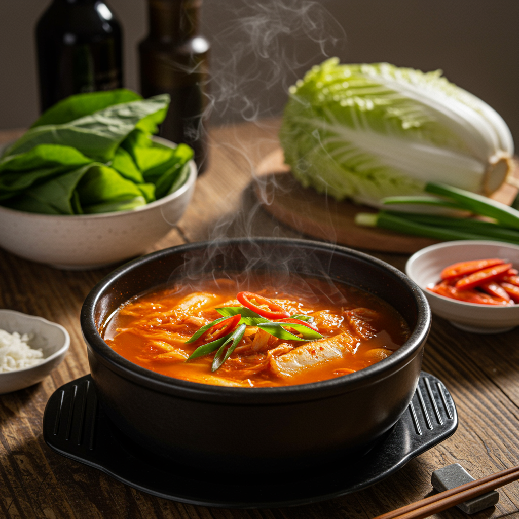 김이 모락모락 나는 진한 빨간 김치 국물이 소박한 나무 테이블 위에서 신선한 배추와 파에 둘러싸여 있습니다. 전통 발효 음식의 건강한 효능을 보여줍니다.