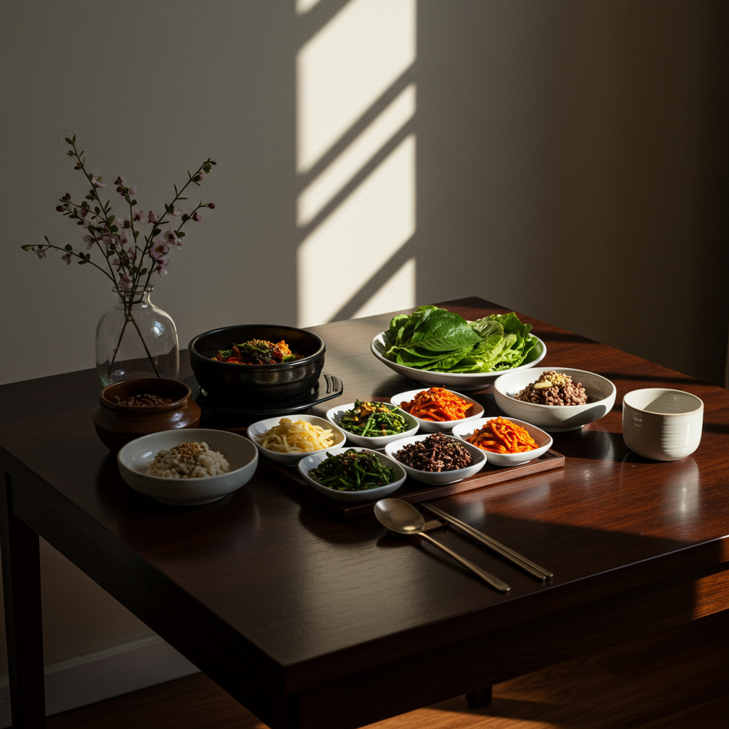 어두운 나무 식탁 위, 신선한 채소와 곡물이 풍성한 다채로운 전통 사찰음식(비빔밥, 반찬). 건강하고 정갈한 모습.