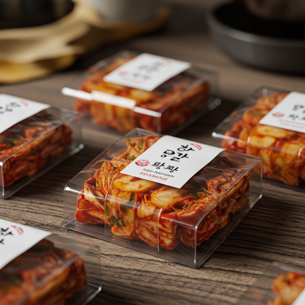 고급스러운 맞춤 소포장 김치 선물 세트. 전통 문양 라벨과 투명 포장 속 선명한 김치가 돋보인다.