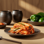 전통 나무 테이블에 선명한 빨강, 초록색의 신선한 프리미엄 사찰김치가 정갈하게 담겨있다. 뛰어난 질감이 돋보인다.