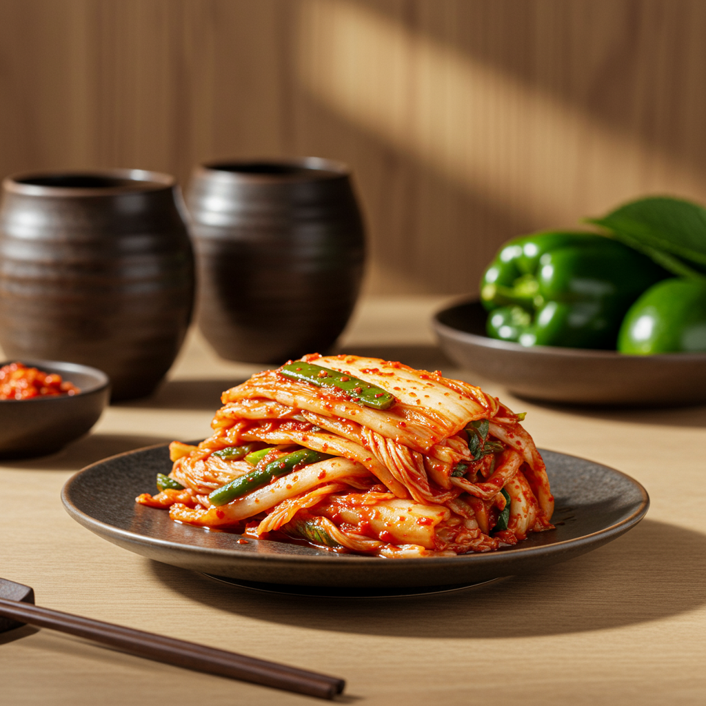 전통 나무 테이블에 선명한 빨강, 초록색의 신선한 프리미엄 사찰김치가 정갈하게 담겨있다. 뛰어난 질감이 돋보인다.