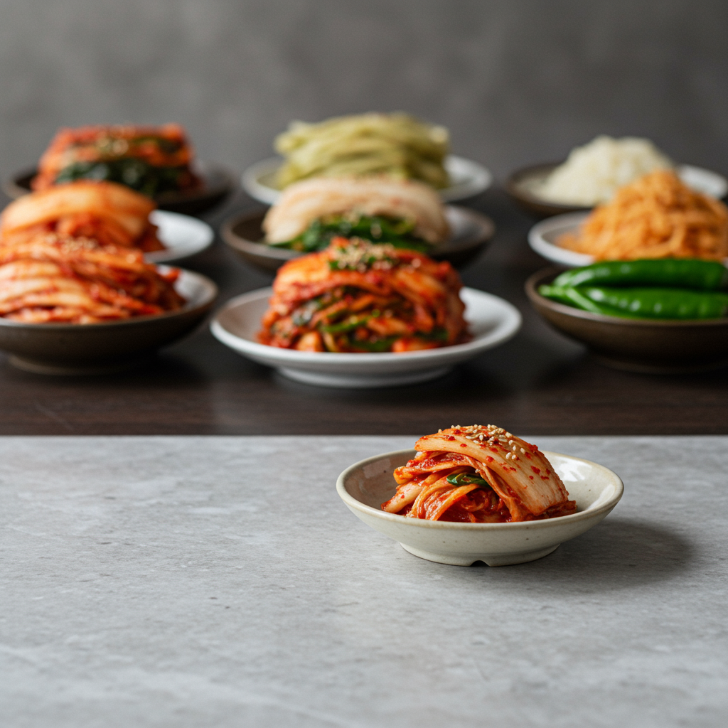김치 섭취량 감소: 현대식 상의 작은 김치와 대비되는 풍성한 전통 김치 상.