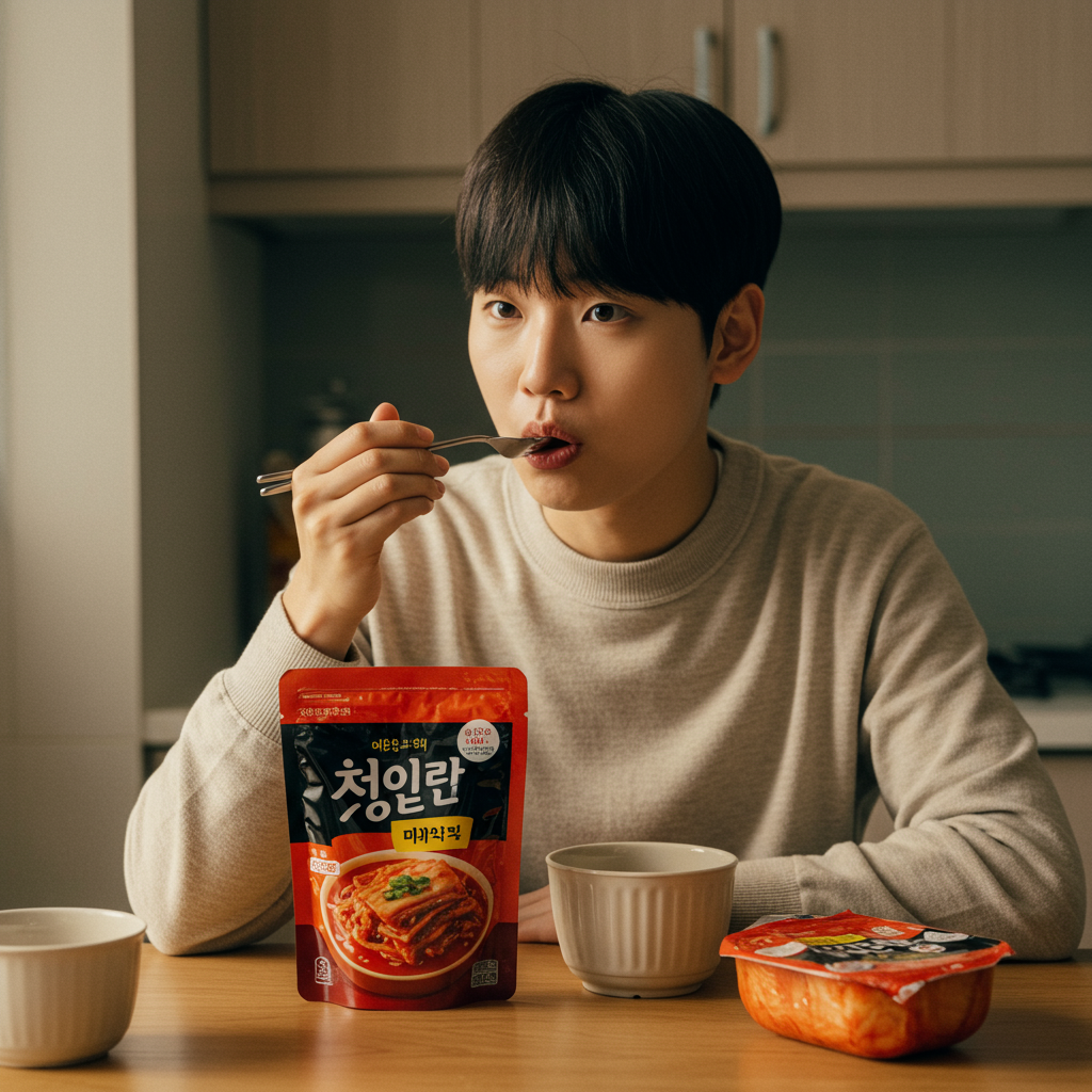 바쁜 일상 속, 포장김치로 간편한 식사를 즐기는 젊은 성인. 1인 가구의 편리한 식생활을 상징.
