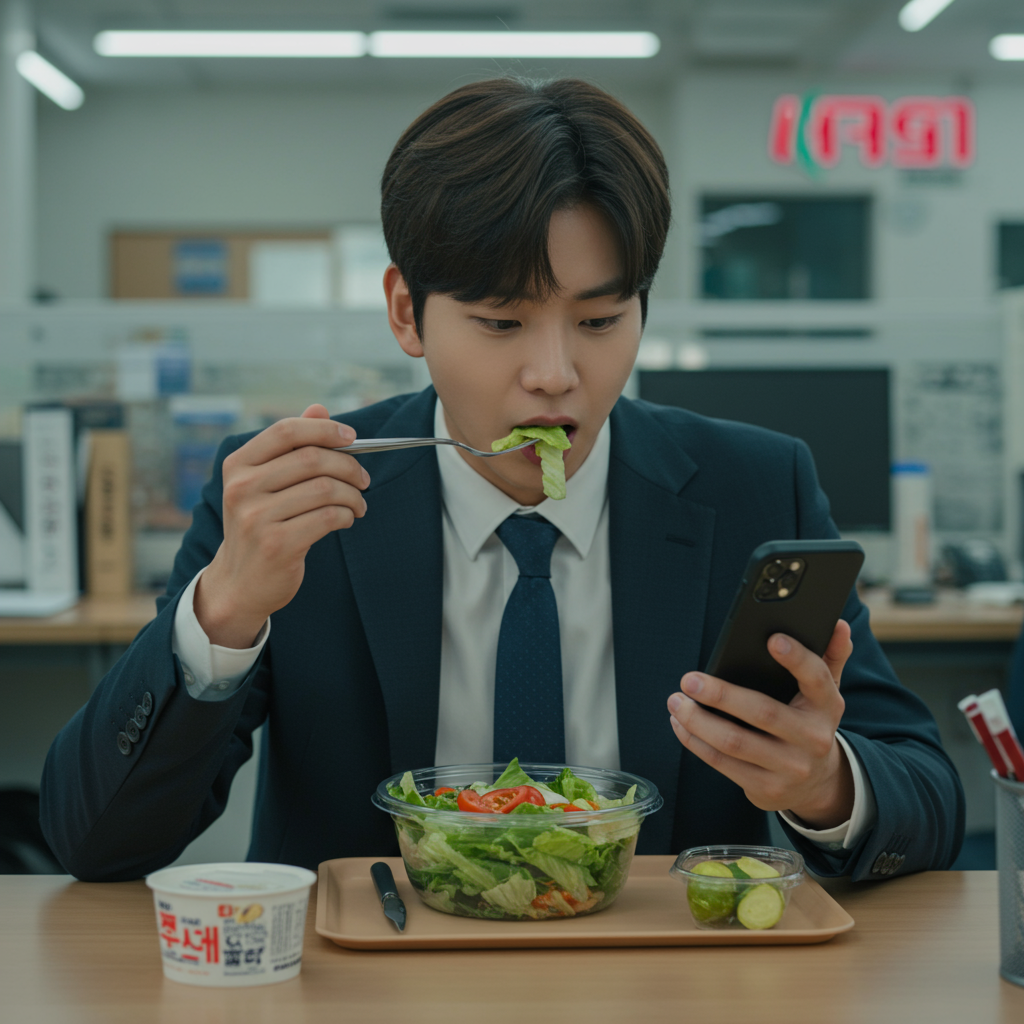 바쁜 직장인이 스마트폰을 보며 책상에서 샐러드를 간편히 먹는 모습. 편의점 배경은 김치 섭취 감소의 현대 식습관을 보여줌.