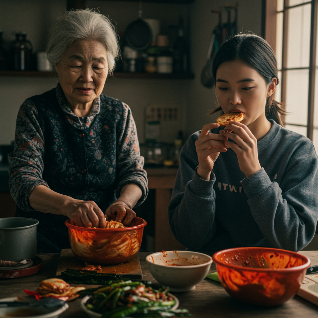 전통 김치를 준비하는 할머니와 스마트폰 보며 서양 간식을 먹고 김치는 남긴 손녀의 세대 간 식문화 차이.